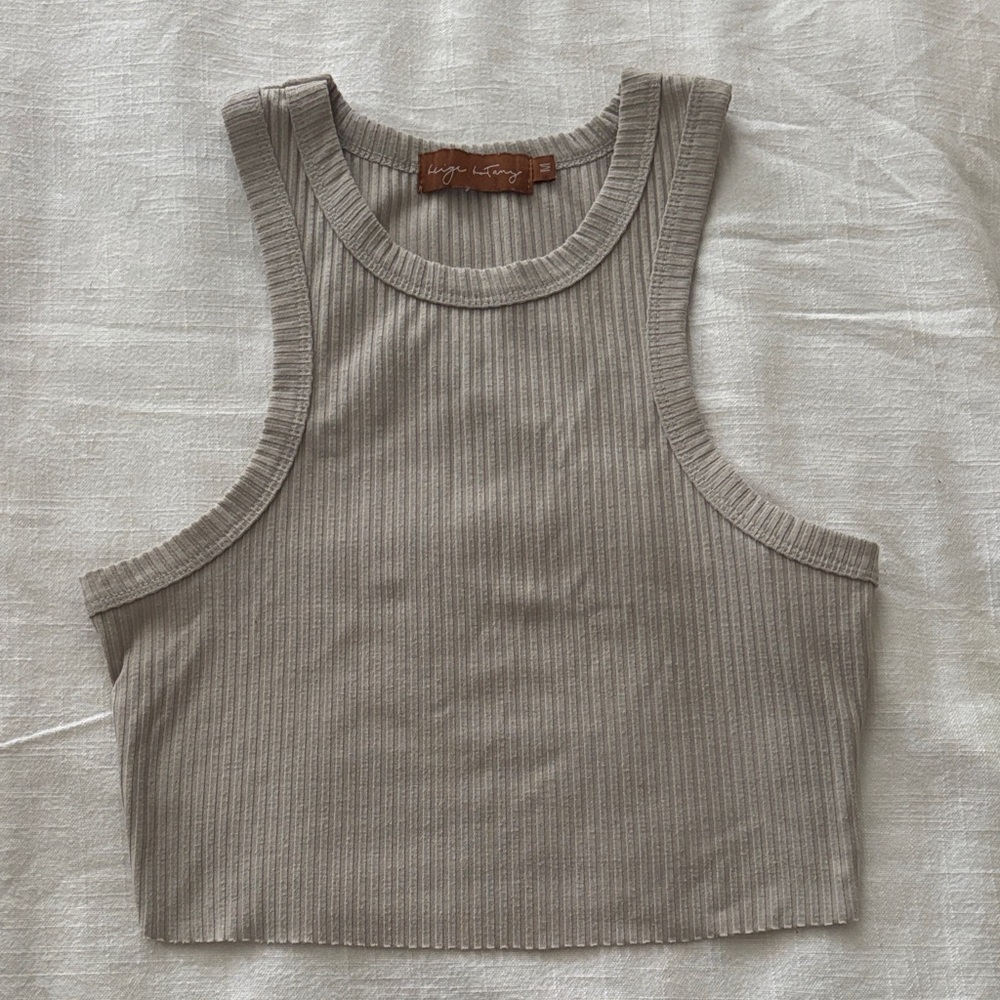 Beige Botany Cropped High Neck Tank with Racer Back